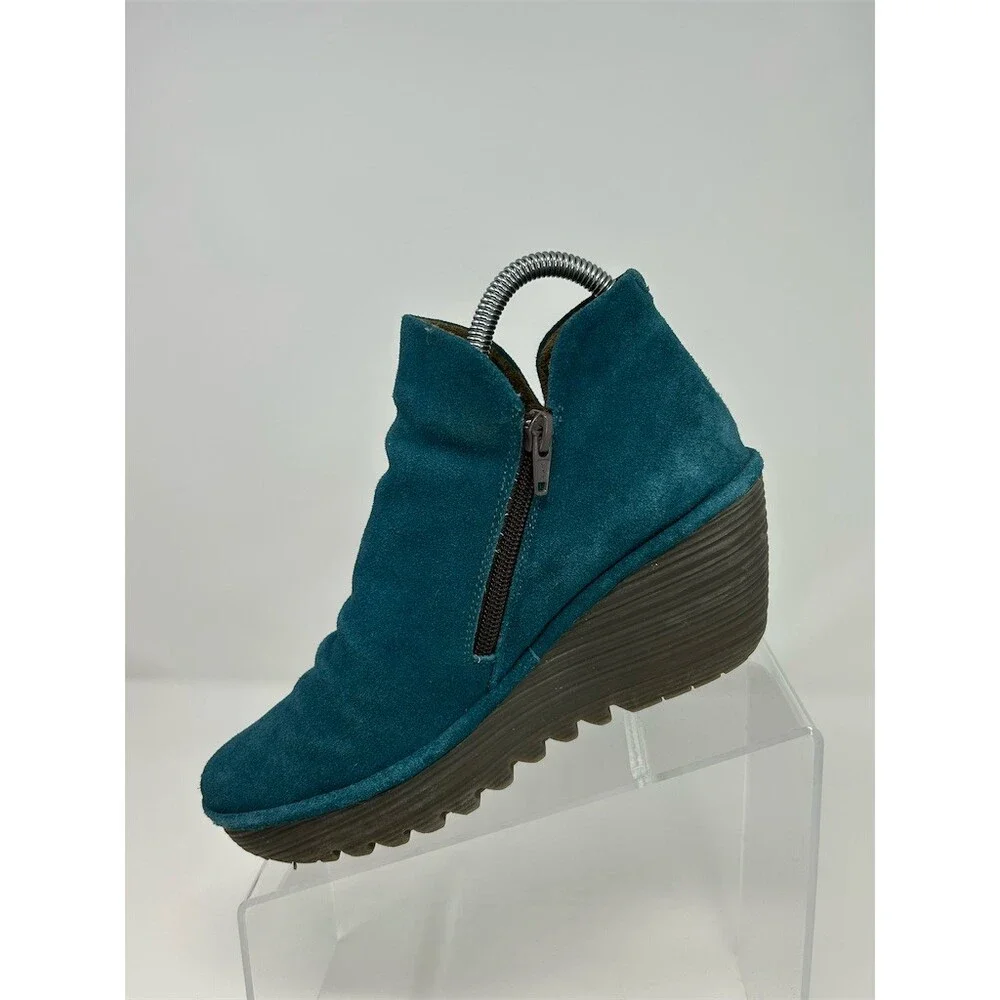 FLY London Yip Wedge Ankle Bootie Womens Teal Petrol Blue Side Zip Size 37